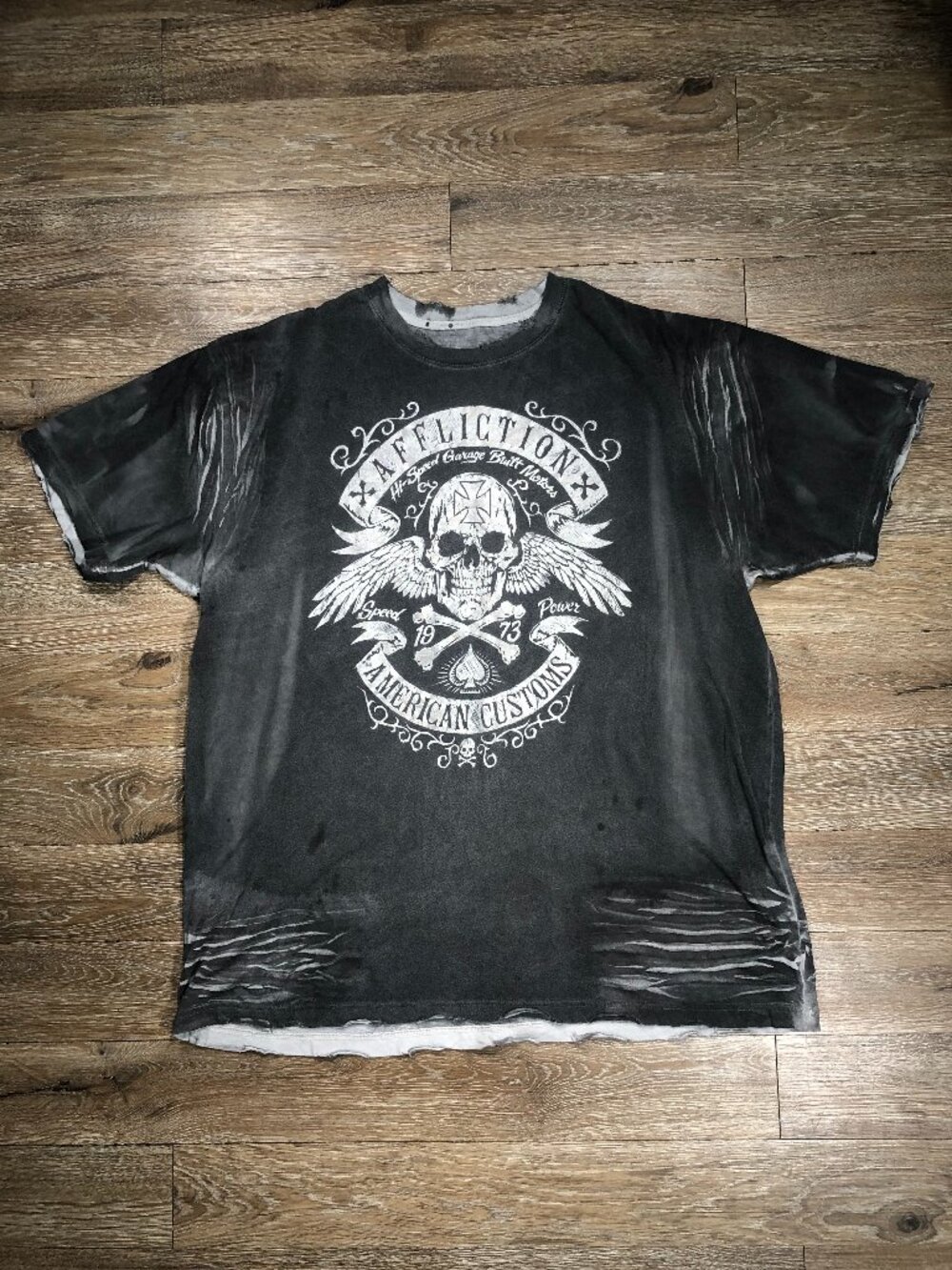 Affliction Mens 3XL Shirt American Customs 1973 Gray Skull Wings Ace Distressed
